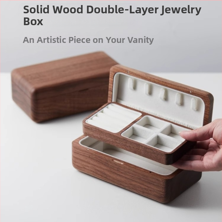 Čierna orechová šperkovnica, svadobný darček, kompaktný trojdielny zlatý náhrdelník s hardvérom, náramok, masívna drevená úložná krabička na šperky