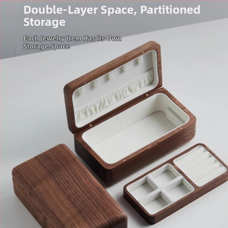 Čierna orechová šperkovnica, svadobný darček, kompaktný trojdielny zlatý náhrdelník s hardvérom, náramok, masívna drevená úložná krabička na šperky