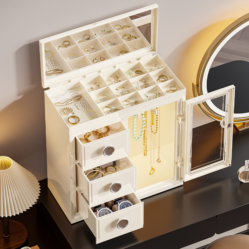 Ehete hoiukarp Suure mahutavusega ehted Majapidamise kahekihilised kõrvarõngad Sõrmus Pöörlev kaelakee Ehete hoiukarp Kreemjas stiilis