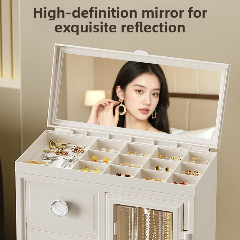 Кутия за съхранение на бижута с голям капацитет, домакински двуслойни обеци, пръстен, въртяща се колие, кутия за съхранение на бижута, кремав стил