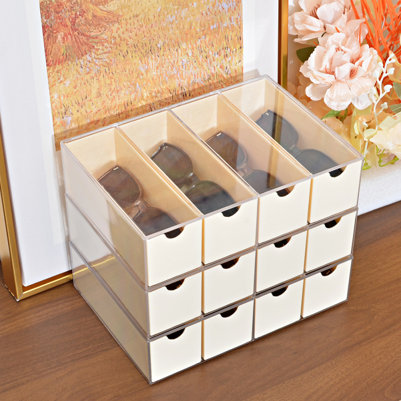 Läbipaistev alamformaadis akrüülprillikarp meeste prillikarp töölaua hoiustamiseks sahtlitüüpi 4-kihiline hoiukarp