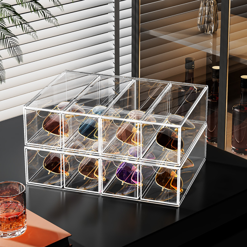 Läbipaistev alamformaadis akrüülprillikarp meeste prillikarp töölaua hoiustamiseks sahtlitüüpi 4-kihiline hoiukarp