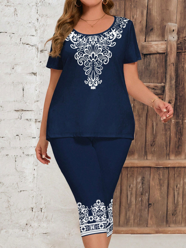 HR7748 Piiriülesed Euroopa ja Ameerika pluss-suuruses naisterõivad Amazon AliExpressist. Independent Stationi kaheosalised trükitud lühikeste varrukatega pükste komplektid.