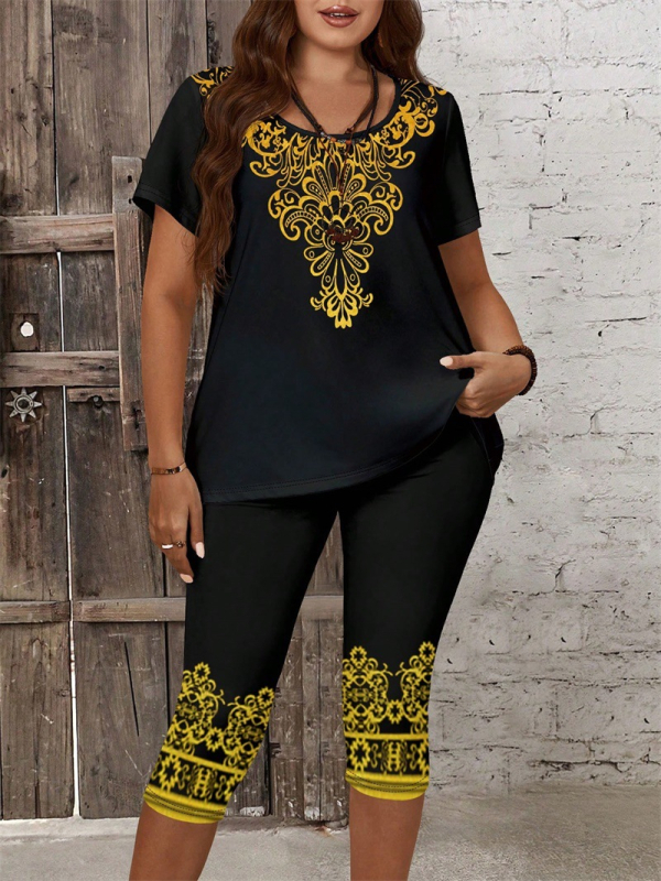 HR7748 Piiriülesed Euroopa ja Ameerika pluss-suuruses naisterõivad Amazon AliExpressist. Independent Stationi kaheosalised trükitud lühikeste varrukatega pükste komplektid.