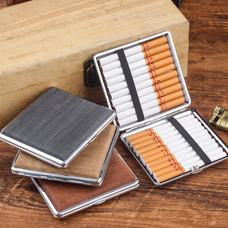 PU bőr cigarettatartó 20 fekete gumiszalaggal, kreatív személyiség, vastag fautánzatú, hordozható férfi cigarettatartó kiegészítők