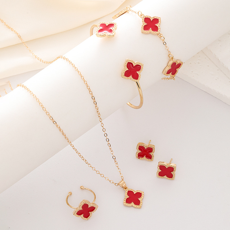 Bijuterii transfrontaliere cu trifoi cu patru foi, costum european și american, aliaj cu picătură de ulei, norocos, iarbă, colier, cercei pentru femei