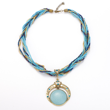 Ευρωπαϊκό και Αμερικανικό Διασυνοριακό Κολιέ από Απομίμηση Στρογγυλού Πολύτιμου Λίθου με Υπερβολική Ρετρό Χειροποίητη Αλυσίδα Πουλόβερ από Χάντρες Ρυζιού σε Ζεστή Προσφορά N215