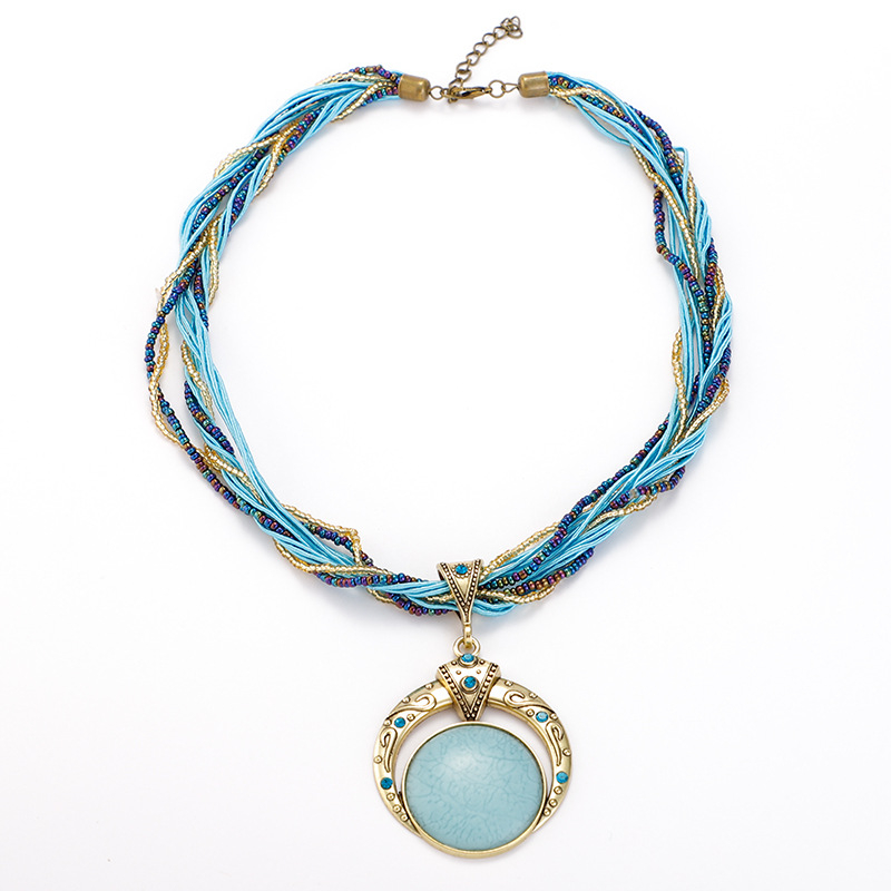 Euroopa ja Ameerika piiriülene boheemlaslik ümmarguse vääriskiviga kaelakee, liialdatud retro käsitöö riisihelmestega kampsunikett, kuum müük N215