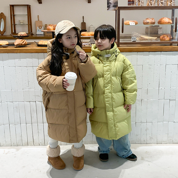 Παιδικά ρούχα Νότιας Κορέας για αγόρια και κορίτσια, μπουφάν με χοντρό πούπουλο για μεγάλα παιδιά, φθινόπωρο και χειμώνα, νέο παιδικό μακρύ λευκό μπουφάν με κουκούλα και πούπουλο