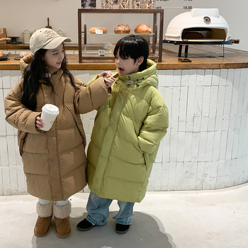 Παιδικά ρούχα Νότιας Κορέας για αγόρια και κορίτσια, μπουφάν με χοντρό πούπουλο για μεγάλα παιδιά, φθινόπωρο και χειμώνα, νέο παιδικό μακρύ λευκό μπουφάν με κουκούλα και πούπουλο