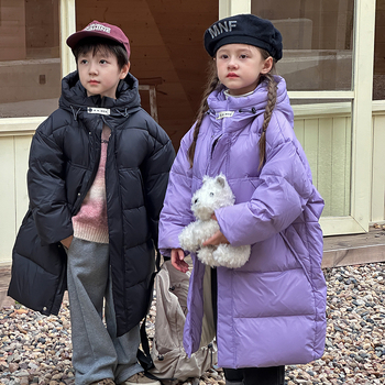 Παιδικά ρούχα Νότιας Κορέας για αγόρια και κορίτσια, μπουφάν με χοντρό πούπουλο για μεγάλα παιδιά, φθινόπωρο και χειμώνα, νέο παιδικό μακρύ λευκό μπουφάν με κουκούλα και πούπουλο