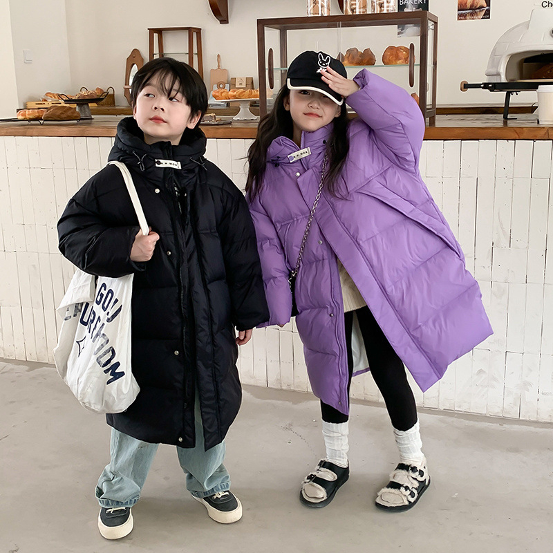 Παιδικά ρούχα Νότιας Κορέας για αγόρια και κορίτσια, μπουφάν με χοντρό πούπουλο για μεγάλα παιδιά, φθινόπωρο και χειμώνα, νέο παιδικό μακρύ λευκό μπουφάν με κουκούλα και πούπουλο