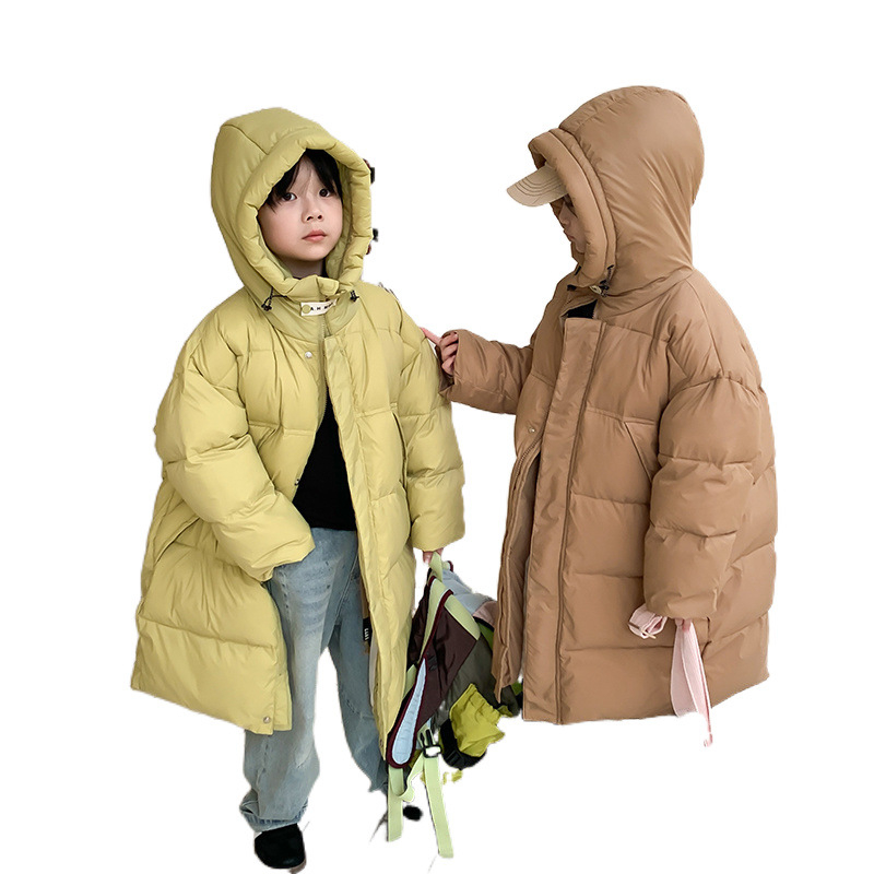 Παιδικά ρούχα Νότιας Κορέας για αγόρια και κορίτσια, μπουφάν με χοντρό πούπουλο για μεγάλα παιδιά, φθινόπωρο και χειμώνα, νέο παιδικό μακρύ λευκό μπουφάν με κουκούλα και πούπουλο