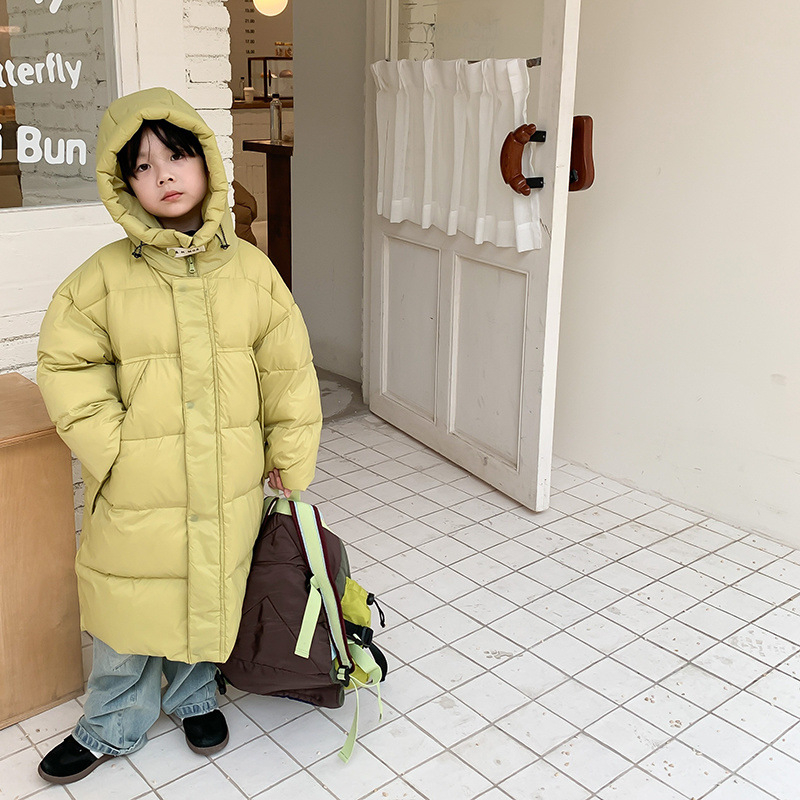 Παιδικά ρούχα Νότιας Κορέας για αγόρια και κορίτσια, μπουφάν με χοντρό πούπουλο για μεγάλα παιδιά, φθινόπωρο και χειμώνα, νέο παιδικό μακρύ λευκό μπουφάν με κουκούλα και πούπουλο