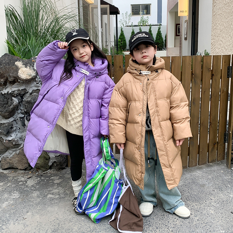Παιδικά ρούχα Νότιας Κορέας για αγόρια και κορίτσια, μπουφάν με χοντρό πούπουλο για μεγάλα παιδιά, φθινόπωρο και χειμώνα, νέο παιδικό μακρύ λευκό μπουφάν με κουκούλα και πούπουλο