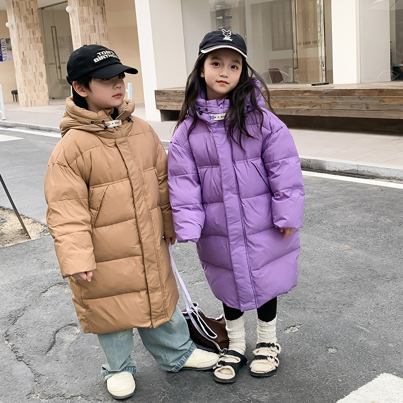 Παιδικά ρούχα Νότιας Κορέας για αγόρια και κορίτσια, μπουφάν με χοντρό πούπουλο για μεγάλα παιδιά, φθινόπωρο και χειμώνα, νέο παιδικό μακρύ λευκό μπουφάν με κουκούλα και πούπουλο