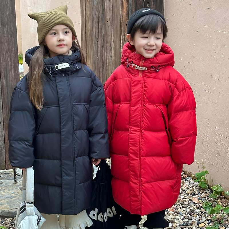 Παιδικά ρούχα Νότιας Κορέας για αγόρια και κορίτσια, μπουφάν με χοντρό πούπουλο για μεγάλα παιδιά, φθινόπωρο και χειμώνα, νέο παιδικό μακρύ λευκό μπουφάν με κουκούλα και πούπουλο