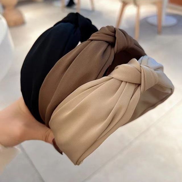 Ühevärviline laia äärega juukserõngas naistele, lihtne elegantne satiinist sõlmega juukserõngas, Korea stiilis, piimapruun, kangast peapandlaga