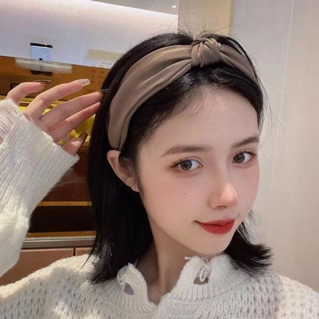 Ühevärviline laia äärega juukserõngas naistele, lihtne elegantne satiinist sõlmega juukserõngas, Korea stiilis, piimapruun, kangast peapandlaga