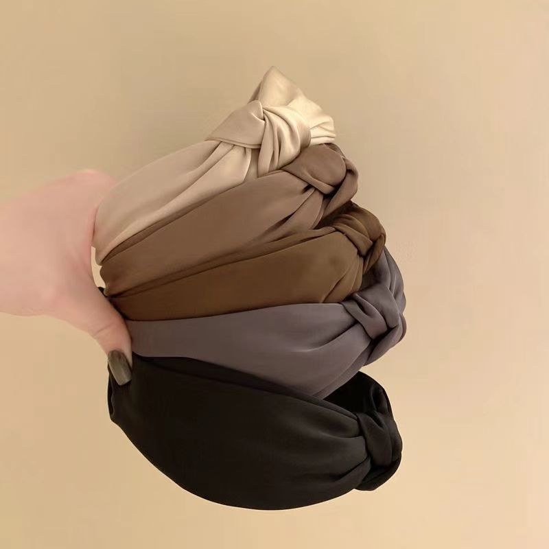 Ühevärviline laia äärega juukserõngas naistele, lihtne elegantne satiinist sõlmega juukserõngas, Korea stiilis, piimapruun, kangast peapandlaga