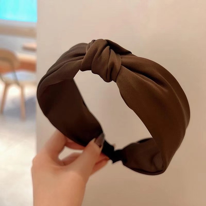 Ühevärviline laia äärega juukserõngas naistele, lihtne elegantne satiinist sõlmega juukserõngas, Korea stiilis, piimapruun, kangast peapandlaga
