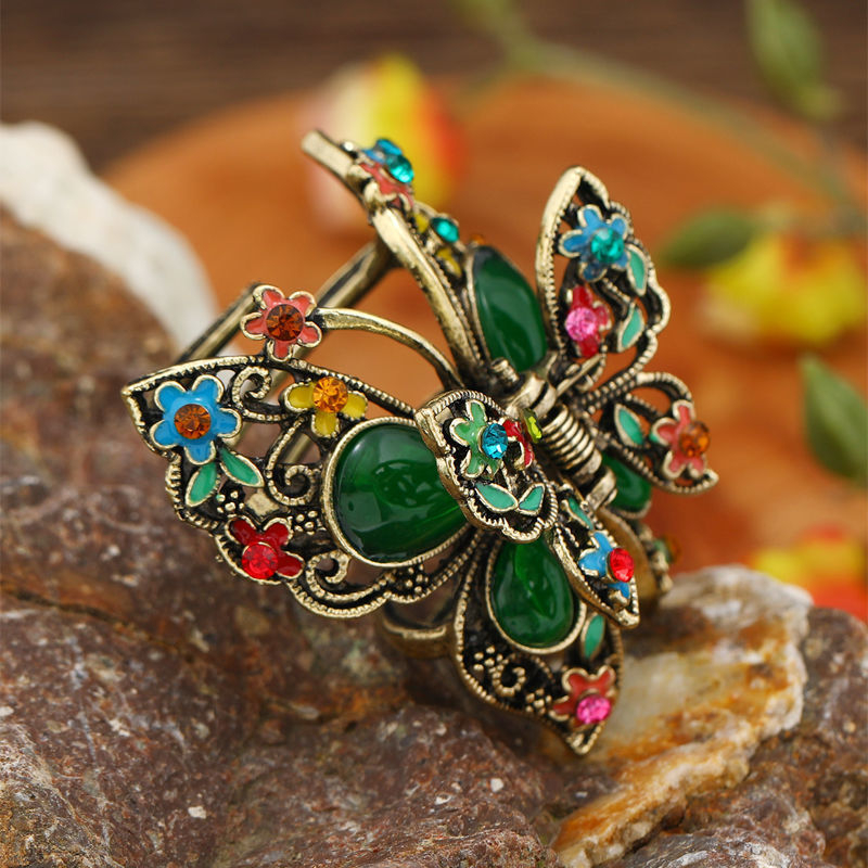 Retro liblikas õõnestatud keskmise kriimustusega imitatsioon Jade updo juukseklamber lihtne rhinestones klamber taga peas updo juukseaksessuaarid