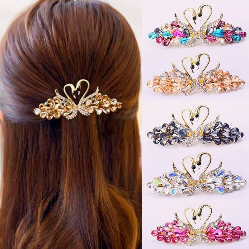 Gulbja sakausējuma atsperes klipsis ar rhinestones apzeltījumu mātei, kristāla galvassega, galvas sasukājums aizmugurē, augšējais klipsis kāzām, svētku matu aksesuāri