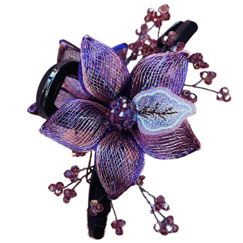 Korea stiilis luksuslik käsitsi valmistatud vasktraadist punutud lilleklamber, plastvaigust suur haikalamber pea tagaosas soengu tegemiseks