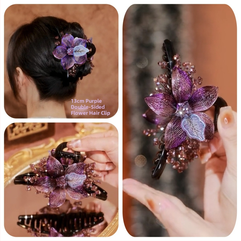 Korea stiilis luksuslik käsitsi valmistatud vasktraadist punutud lilleklamber, plastvaigust suur haikalamber pea tagaosas soengu tegemiseks