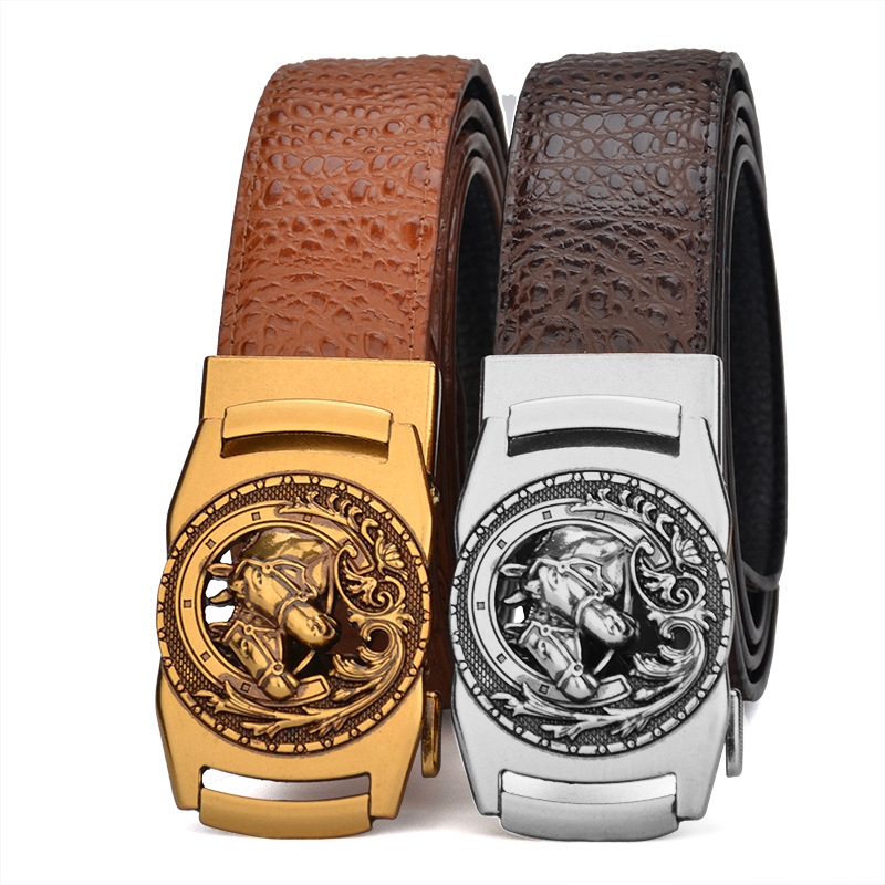 Krokodillimustriga meeste ehtsast nahast vöö vintage-pronksist topelthobusepeaga automaatse pandlaga, ärilise disainiga veisenahast vöökoht, hulgimüügis laos
