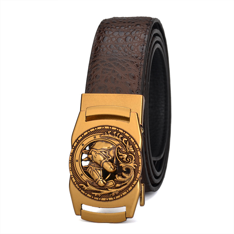 Krokodillimustriga meeste ehtsast nahast vöö vintage-pronksist topelthobusepeaga automaatse pandlaga, ärilise disainiga veisenahast vöökoht, hulgimüügis laos