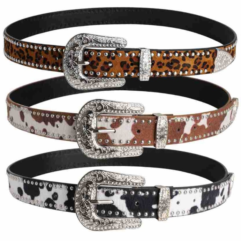 Curea nouă cu mărgele și nituri și imprimeu leopard, curea elegantă din trei piese cu diamante strălucitoare și blugi, curea personalizată sculptată