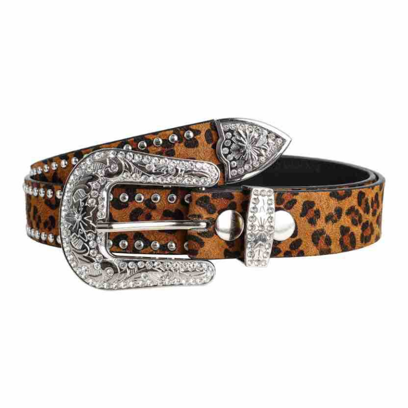 Curea nouă cu mărgele și nituri și imprimeu leopard, curea elegantă din trei piese cu diamante strălucitoare și blugi, curea personalizată sculptată