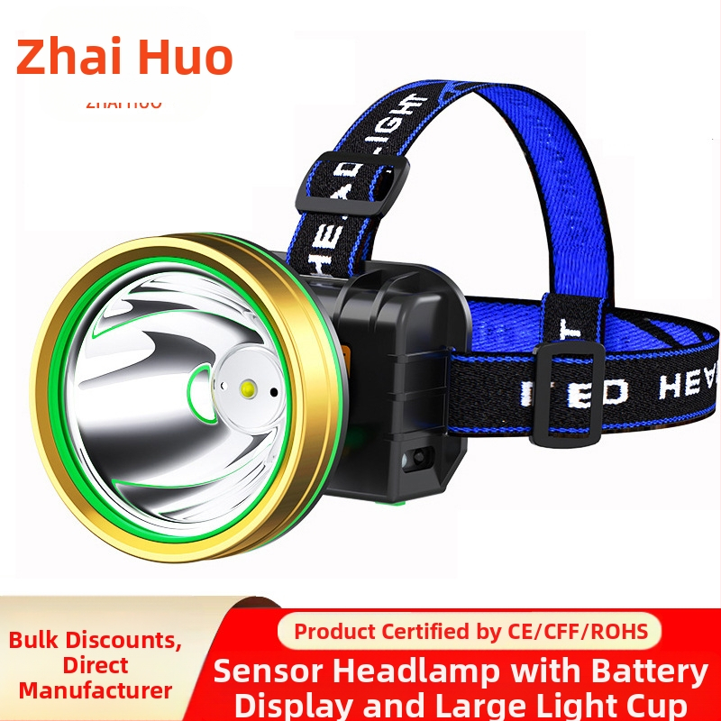 LED сензорен челник със силна светлина, външен акумулаторен риболовен фенер, монтиран на главата, миньорски фенер, преносим и акумулаторен