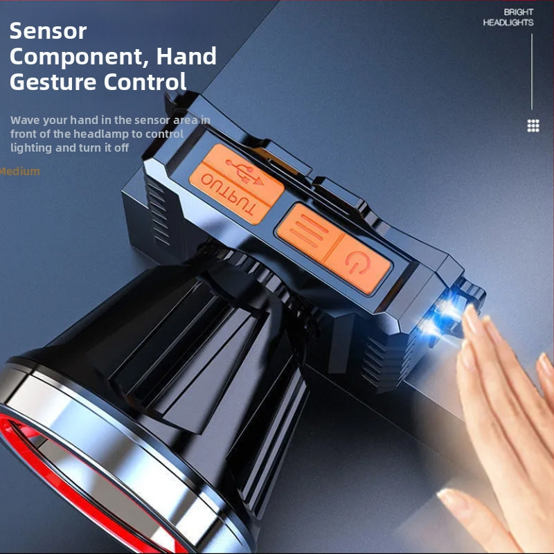 LED сензорен челник със силна светлина, външен акумулаторен риболовен фенер, монтиран на главата, миньорски фенер, преносим и акумулаторен