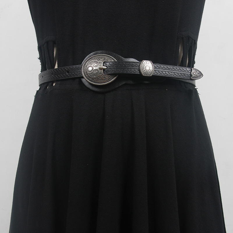 Etnilise stiiliga naiste vööga dekoratiivne teksaseelik retro õhuke must vöö õhuke sobitatud seelik boheemlaslik nahkmood