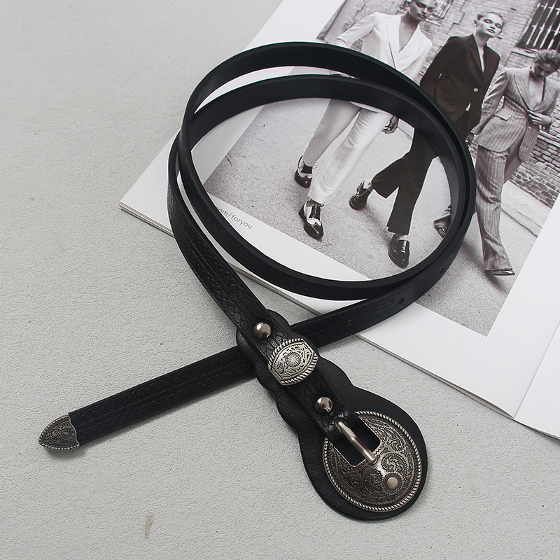 Etnilise stiiliga naiste vööga dekoratiivne teksaseelik retro õhuke must vöö õhuke sobitatud seelik boheemlaslik nahkmood