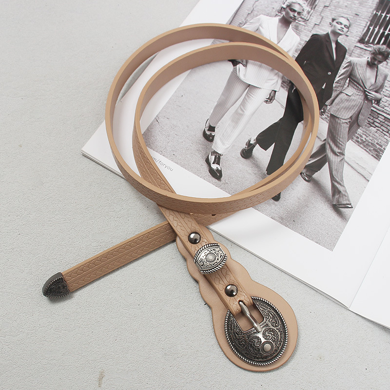 Etnilise stiiliga naiste vööga dekoratiivne teksaseelik retro õhuke must vöö õhuke sobitatud seelik boheemlaslik nahkmood