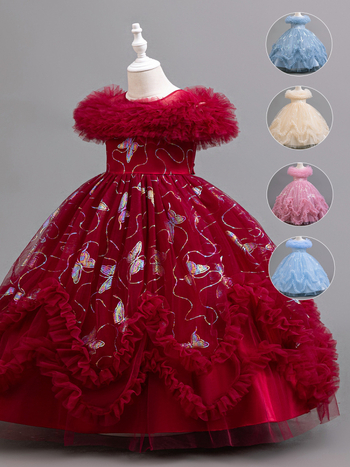 Djevojačka haljina dugih ramena, pahuljasta gaza, leptir, brončana, elegantna, za rođendan, klavirska nastup