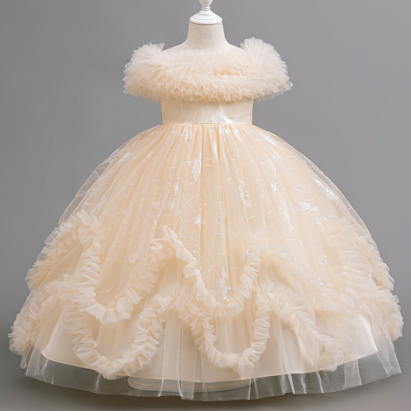 Djevojačka haljina dugih ramena, pahuljasta gaza, leptir, brončana, elegantna, za rođendan, klavirska nastup