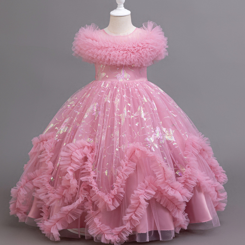 Djevojačka haljina dugih ramena, pahuljasta gaza, leptir, brončana, elegantna, za rođendan, klavirska nastup