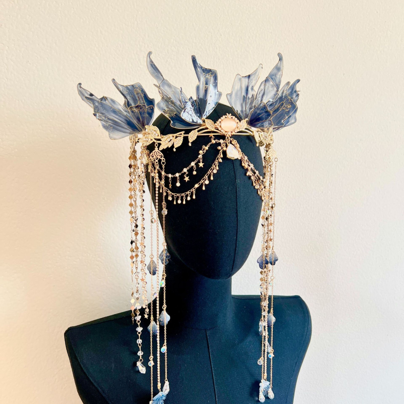 Antikvarinis Hanfu galvos apdangalas, kutais dekoruotas šviesiaplaukis vainikas, mėlynai juodas kostiumas, Xianxia filmų fotografijos Hanfu plaukų vainikas, segtukų kostiumas