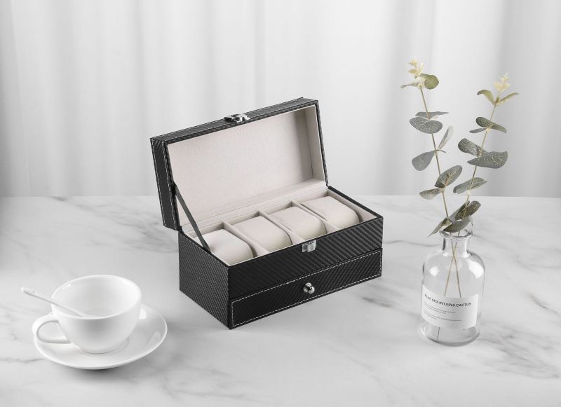 Tarpvalstybinė laikrodžių dėžutė, didmeninė prekyba anglies pluošto PU odos laikrodžių dėžute, 4 dvigubų laikrodžių papuošalų laikymo laikrodžių dėžutė
