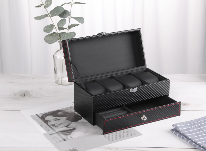 Tarpvalstybinė laikrodžių dėžutė, didmeninė prekyba anglies pluošto PU odos laikrodžių dėžute, 4 dvigubų laikrodžių papuošalų laikymo laikrodžių dėžutė