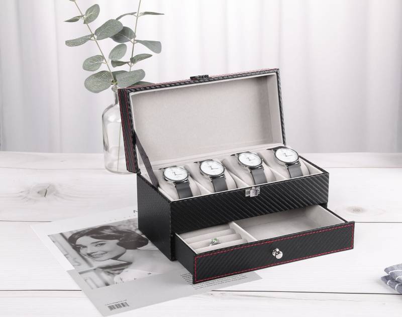 Tarpvalstybinė laikrodžių dėžutė, didmeninė prekyba anglies pluošto PU odos laikrodžių dėžute, 4 dvigubų laikrodžių papuošalų laikymo laikrodžių dėžutė