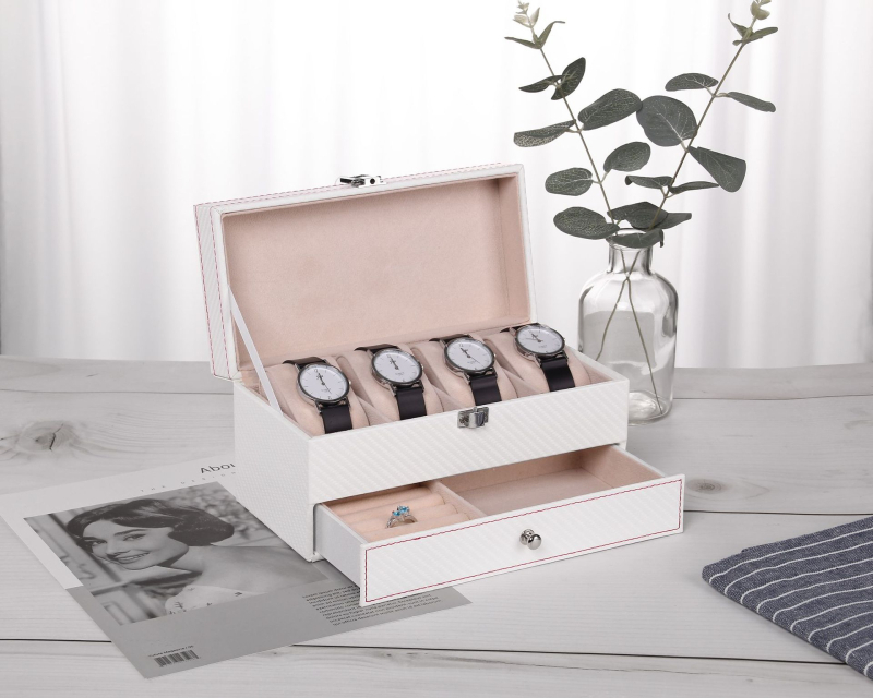 Tarpvalstybinė laikrodžių dėžutė, didmeninė prekyba anglies pluošto PU odos laikrodžių dėžute, 4 dvigubų laikrodžių papuošalų laikymo laikrodžių dėžutė