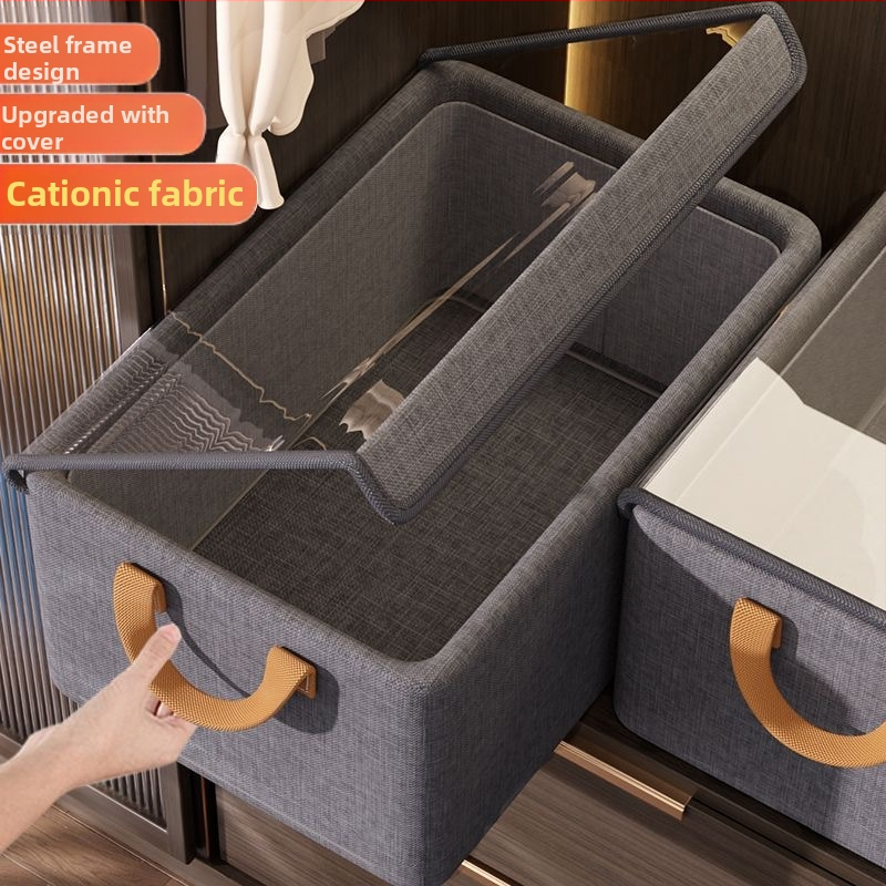 Katioonne hoiukast kaanega, terasraamiga hoiukast, kokkupandav riidekapp, kaasaskantav riidest riiete hoiukorv