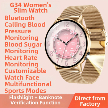 Naujas mados moteriškas išmanusis laikrodis „G34“ su širdies ritmu, kraujospūdžiu, deguonimi ir „Bluetooth“ skambučių laikrodžiu, daugiafunkcis modelis.