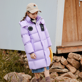 3QR bērnu dūnu jaka 2023. gada ziemas jaunā 90. gada baltā pīļu dūnu vidēja un liela izmēra bērnu vidēja garuma sabiezēts melnzelta mētelis, modīgs