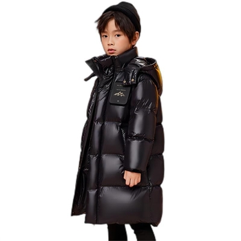 3QR bērnu dūnu jaka 2023. gada ziemas jaunā 90. gada baltā pīļu dūnu vidēja un liela izmēra bērnu vidēja garuma sabiezēts melnzelta mētelis, modīgs